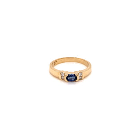 Vintage 14K Yellow Gold Diamond East West Oval Sapphire Ring