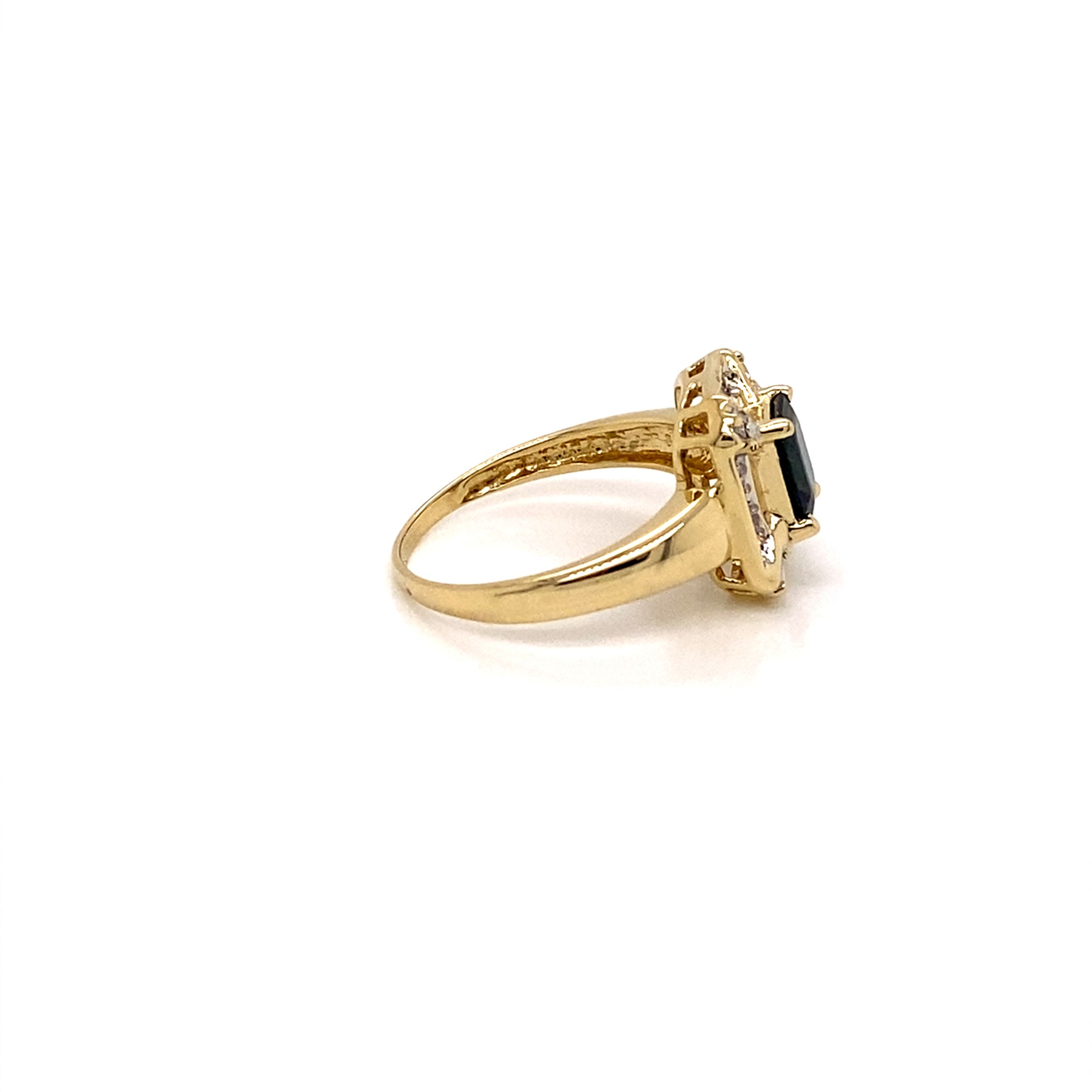 Side Profile -Vintage 14K Yellow Gold Diamond and Emerald Cut sapphire Dress ring