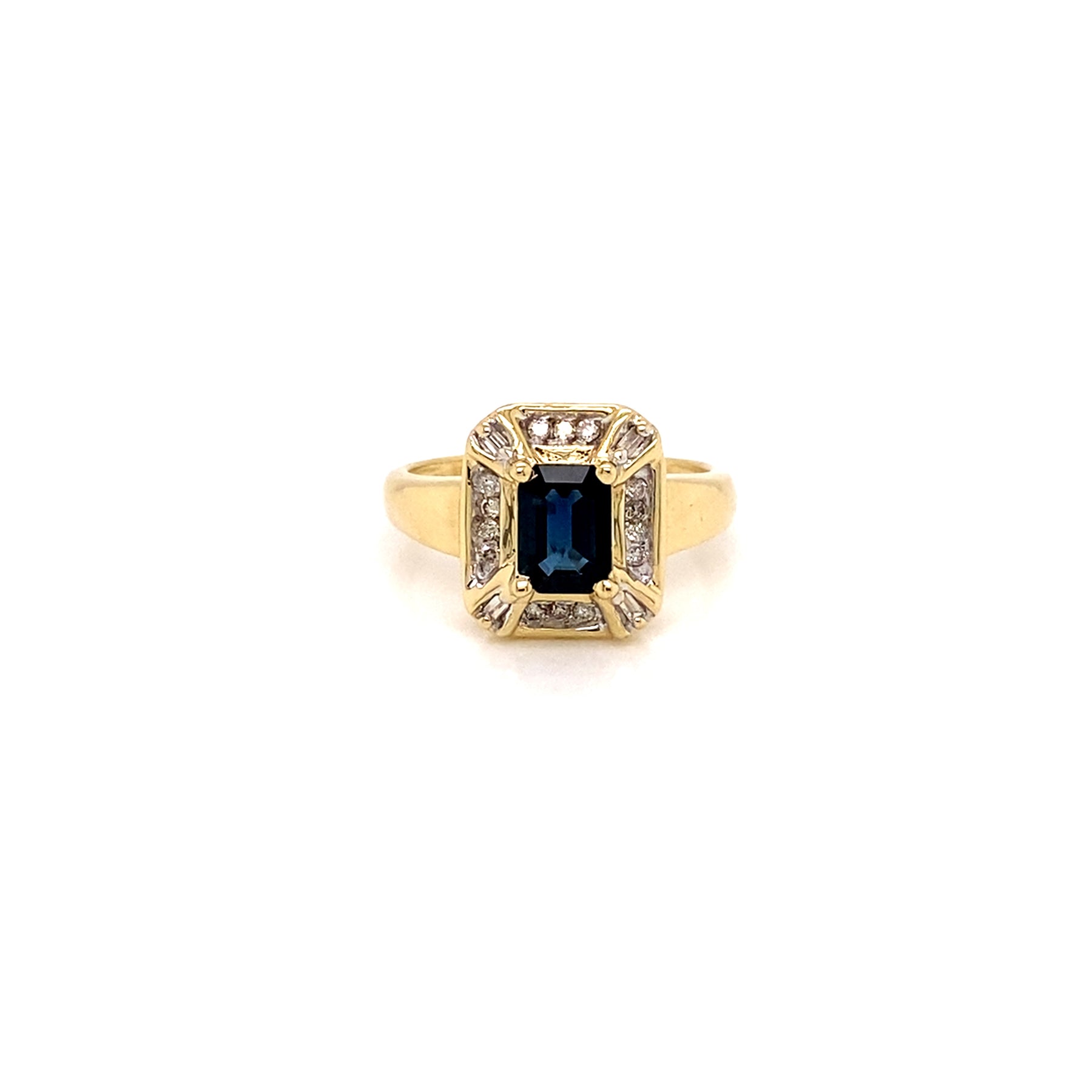 Vintage 14K Yellow Gold Diamond and Emerald Cut sapphire Dress ring - Alternate View