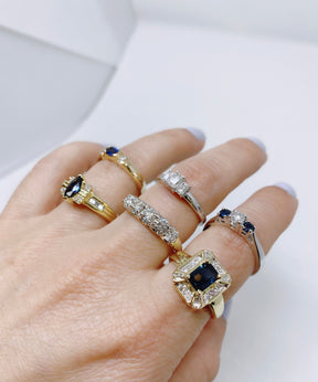 Vintage 14K White Gold 3 Stone Emerald Cut Diamond Engagement ring - on model