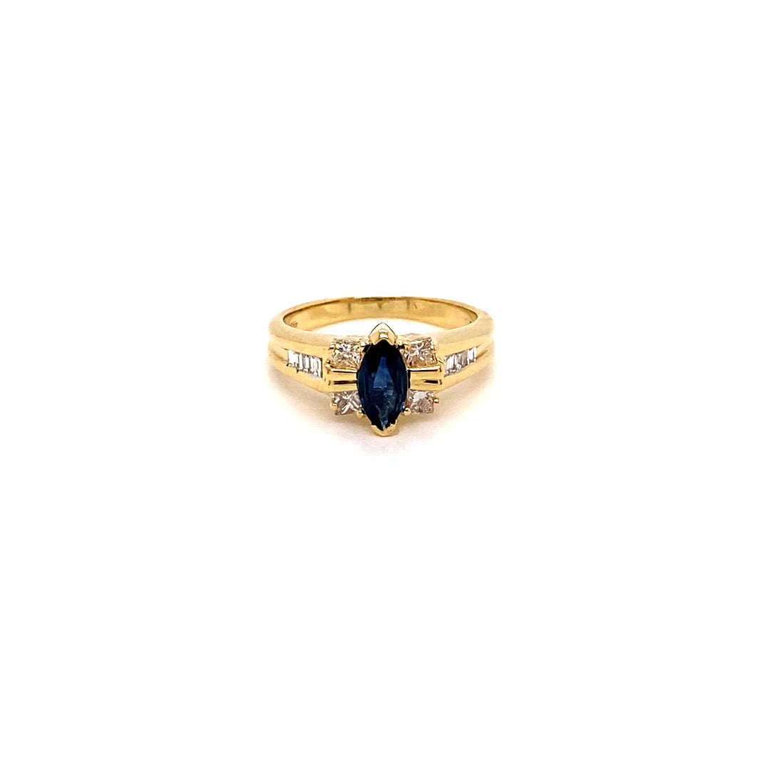 Video Vintage 18kt Yellow Gold Marquise Sapphire and Diamond Ring