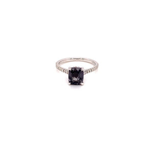 Video 14K white gold cushion cut Smokey grey spinel ring with diamond hidden halo and diamond accented band.