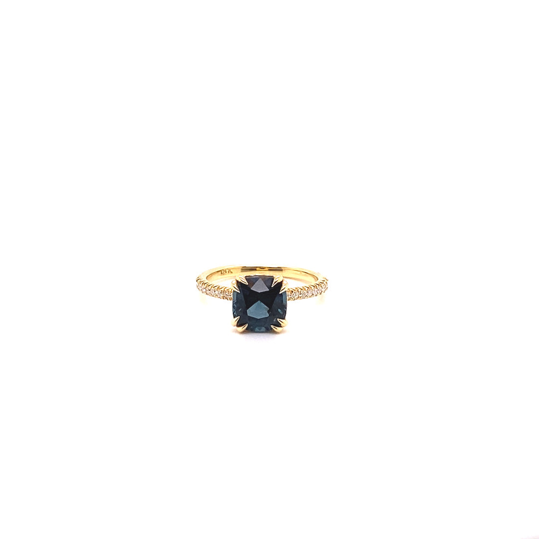 Double Claw 18K Yellow Gold Cushion Cut Peacock Blue Spinel Engagement Ring