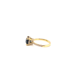 Side Profile showing Hidden Halos 18K Yellow Gold Cushion Cut Peacock Blue Spinel Engagement Ring