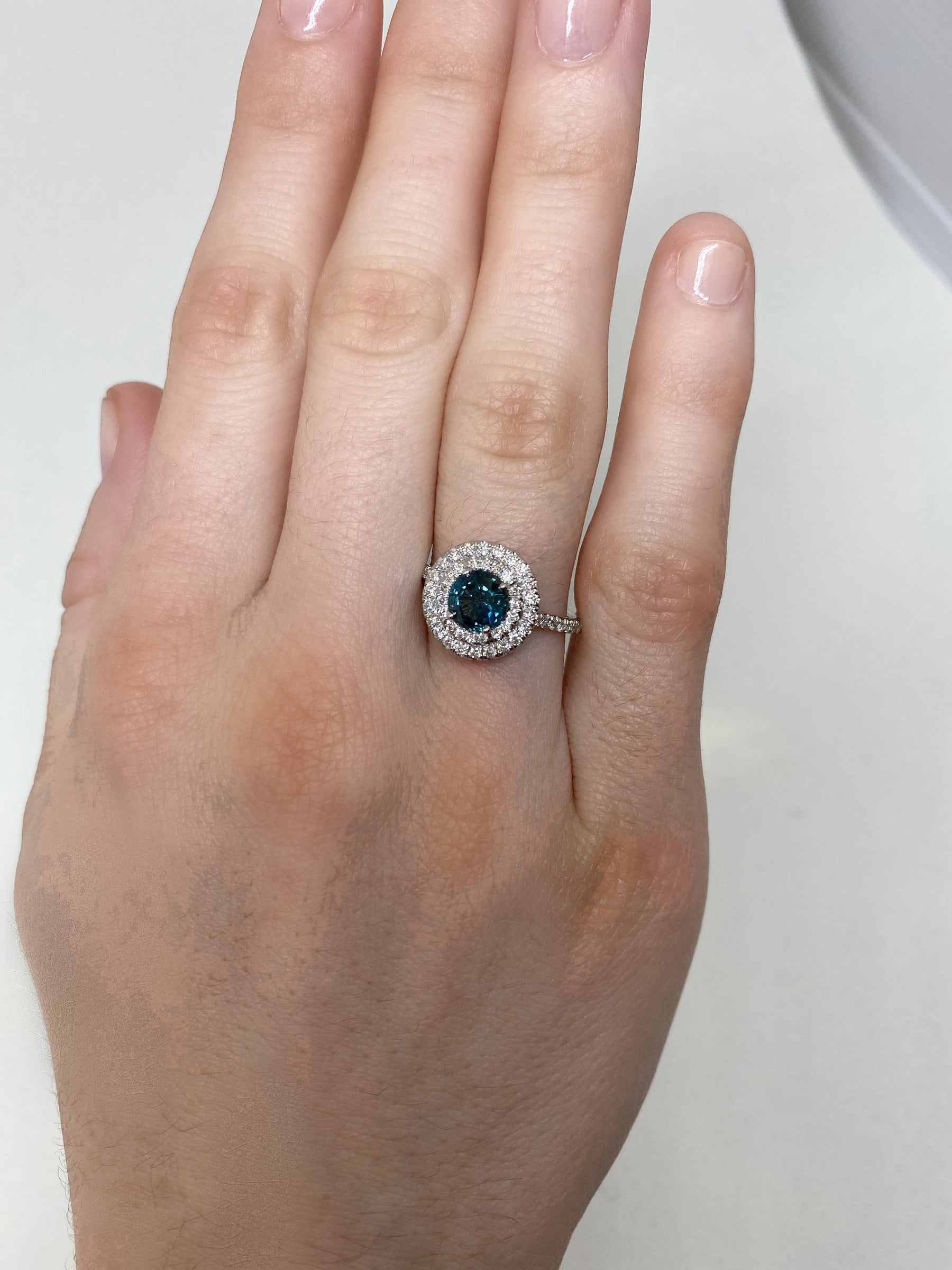 18K White Gold Double Diamond Halo Montana Sapphire Ring on Model