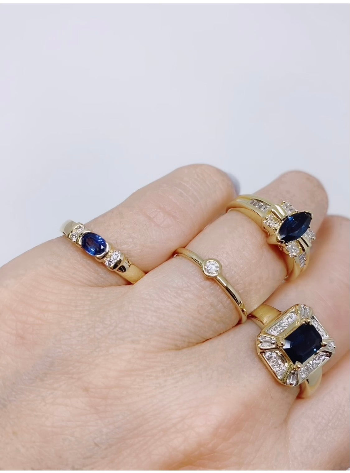 Vintage 18kt Yellow Gold Marquise Sapphire and Diamond Ring on model